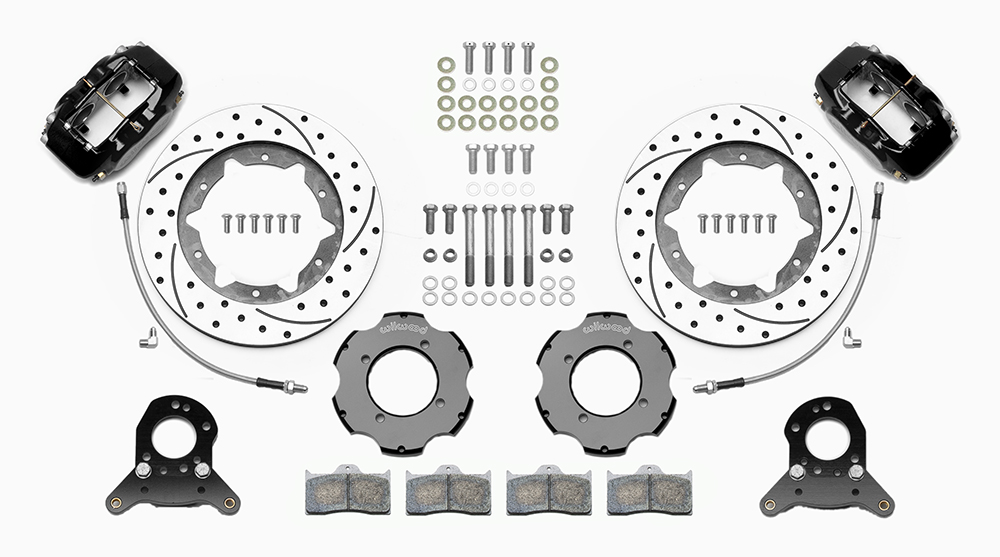Wilwood Forged Dynalite Big Brake Front Brake Kit (Hat) Parts Laid Out - Black Powder Coat Caliper - SRP Drilled & Slotted Rotor