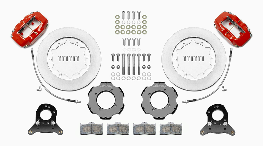 Wilwood Forged Dynalite Big Brake Front Brake Kit (Hat) Parts Laid Out - Red Powder Coat Caliper - Plain Face Rotor