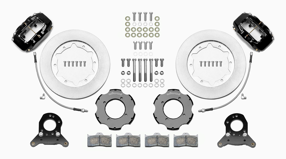 Wilwood Forged Dynalite Big Brake Front Brake Kit (Hat) Parts Laid Out - Black Powder Coat Caliper - Plain Face Rotor