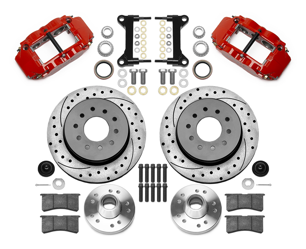 Wilwood Forged Narrow Superlite 6R Big Brake Front Brake Kit (Hub and 1PC Rotor) Parts Laid Out - Red Powder Coat Caliper - SRP Drilled & Slotted Rotor