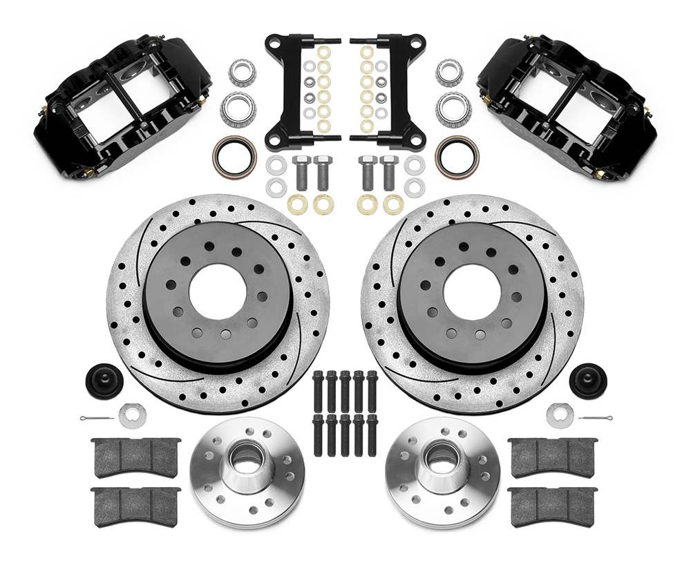 Wilwood Forged Narrow Superlite 6R Big Brake Front Brake Kit (Hub and 1PC Rotor) Parts Laid Out - Black Powder Coat Caliper - SRP Drilled & Slotted Rotor