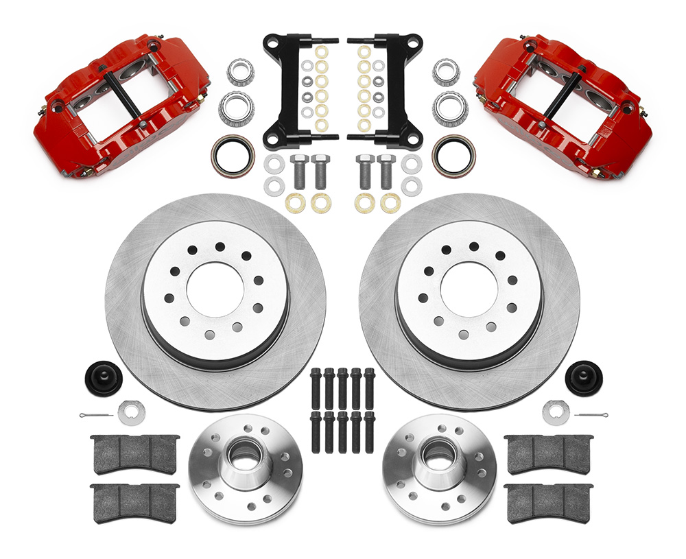 Wilwood Forged Narrow Superlite 6R Big Brake Front Brake Kit (Hub and 1PC Rotor) Parts Laid Out - Red Powder Coat Caliper - Plain Face Rotor