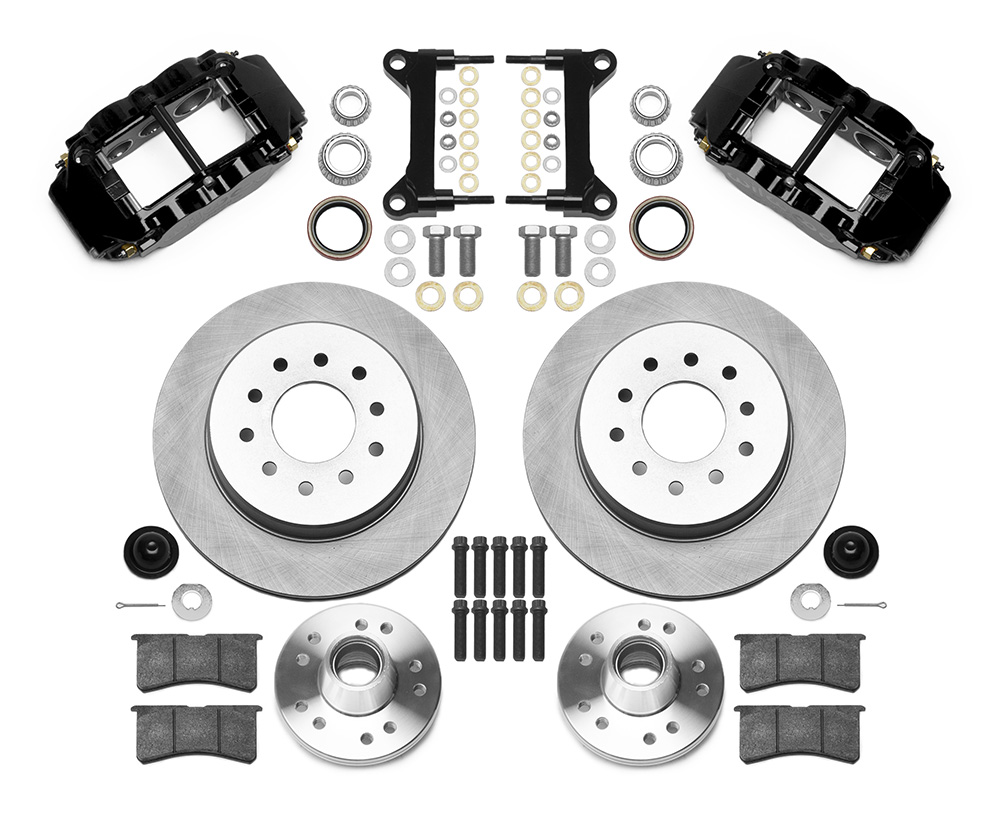 Wilwood Forged Narrow Superlite 6R Big Brake Front Brake Kit (Hub and 1PC Rotor) Parts Laid Out - Black Powder Coat Caliper - Plain Face Rotor