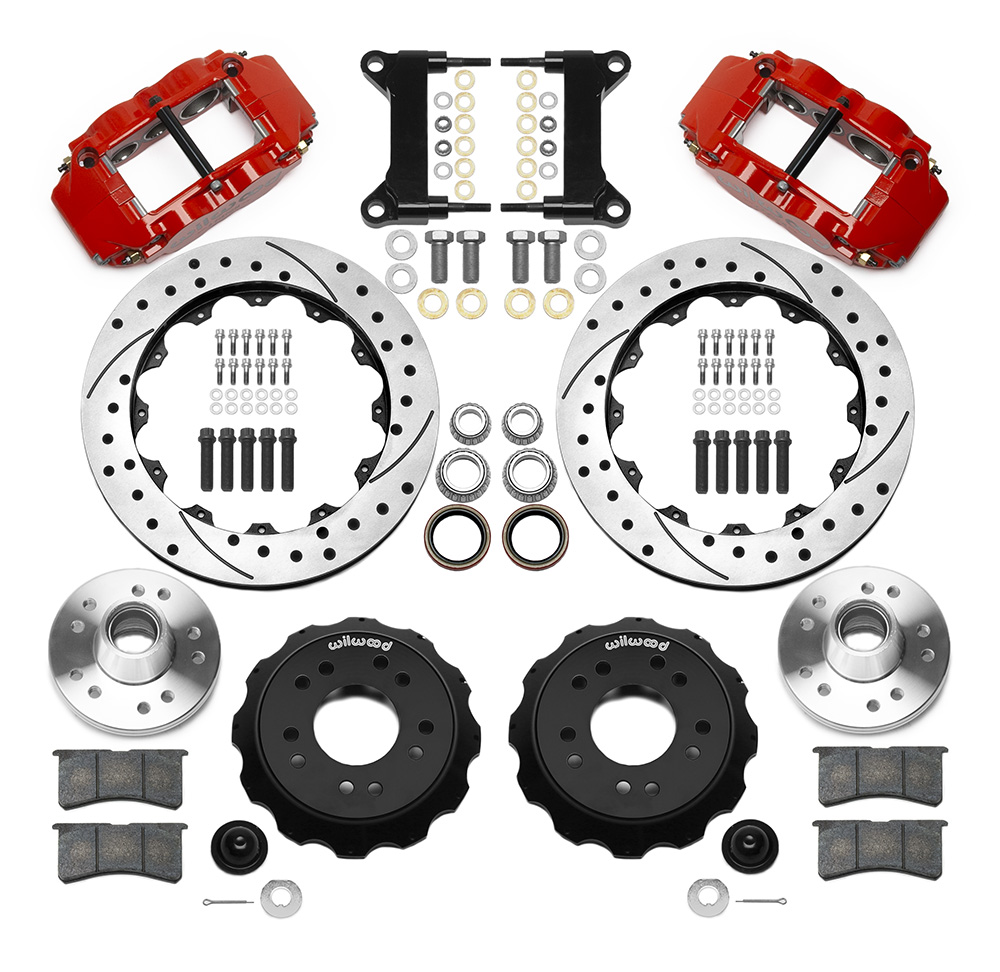 Wilwood Forged Narrow Superlite 6R Big Brake Front Brake Kit (Hub) Parts Laid Out - Red Powder Coat Caliper - SRP Drilled & Slotted Rotor