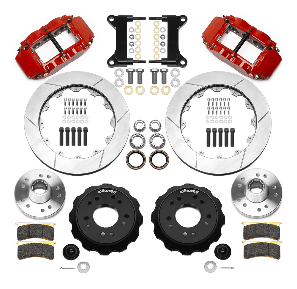 Wilwood Forged Narrow Superlite 6R Big Brake Front Brake Kit (Hub) Parts Laid Out - Red Powder Coat Caliper - GT Slotted Rotor