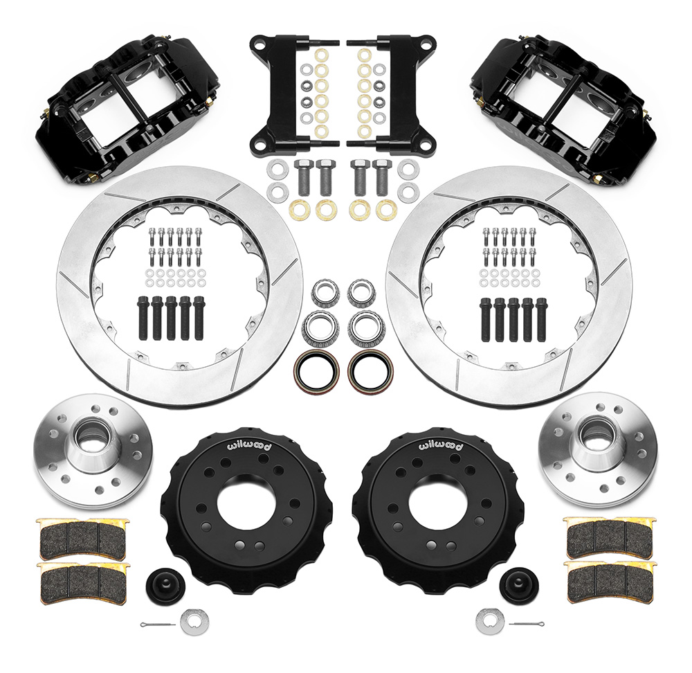 Wilwood Forged Narrow Superlite 6R Big Brake Front Brake Kit (Hub) Parts Laid Out - Black Powder Coat Caliper - GT Slotted Rotor