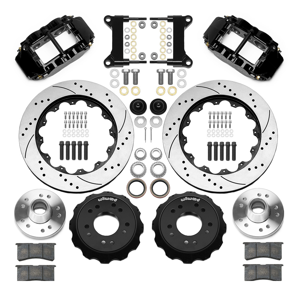 Wilwood Forged Narrow Superlite 6R Big Brake Front Brake Kit (Hub) Parts Laid Out - Black Powder Coat Caliper - SRP Drilled & Slotted Rotor