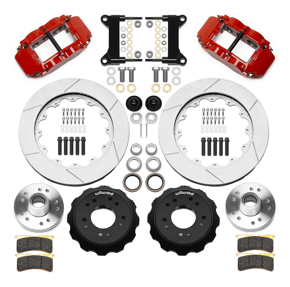 Wilwood Forged Narrow Superlite 6R Big Brake Front Brake Kit (Hub) Parts Laid Out - Red Powder Coat Caliper - GT Slotted Rotor