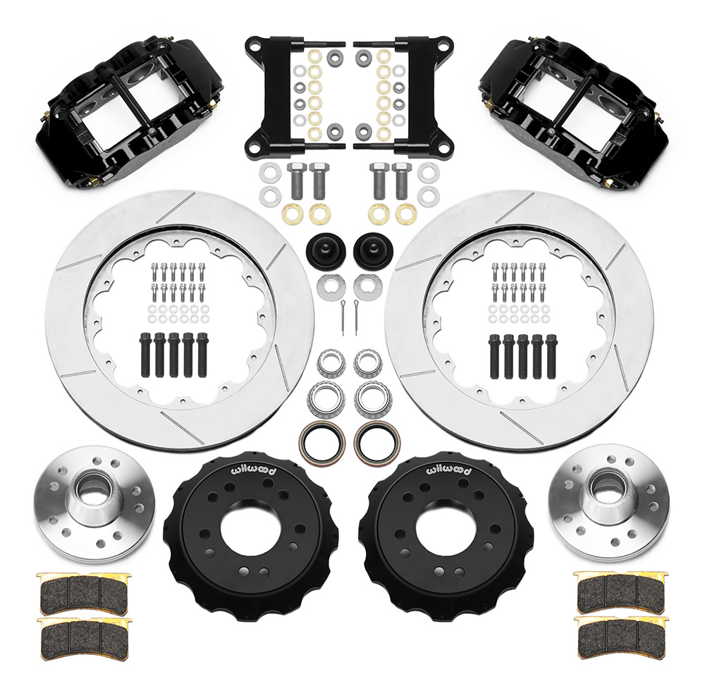 Wilwood Forged Narrow Superlite 6R Big Brake Front Brake Kit (Hub) Parts Laid Out - Black Powder Coat Caliper - GT Slotted Rotor