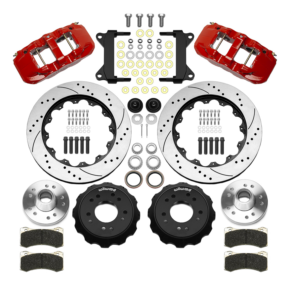 Wilwood AERO6 Big Brake Front Brake Kit Parts Laid Out - Red Powder Coat Caliper - SRP Drilled & Slotted Rotor