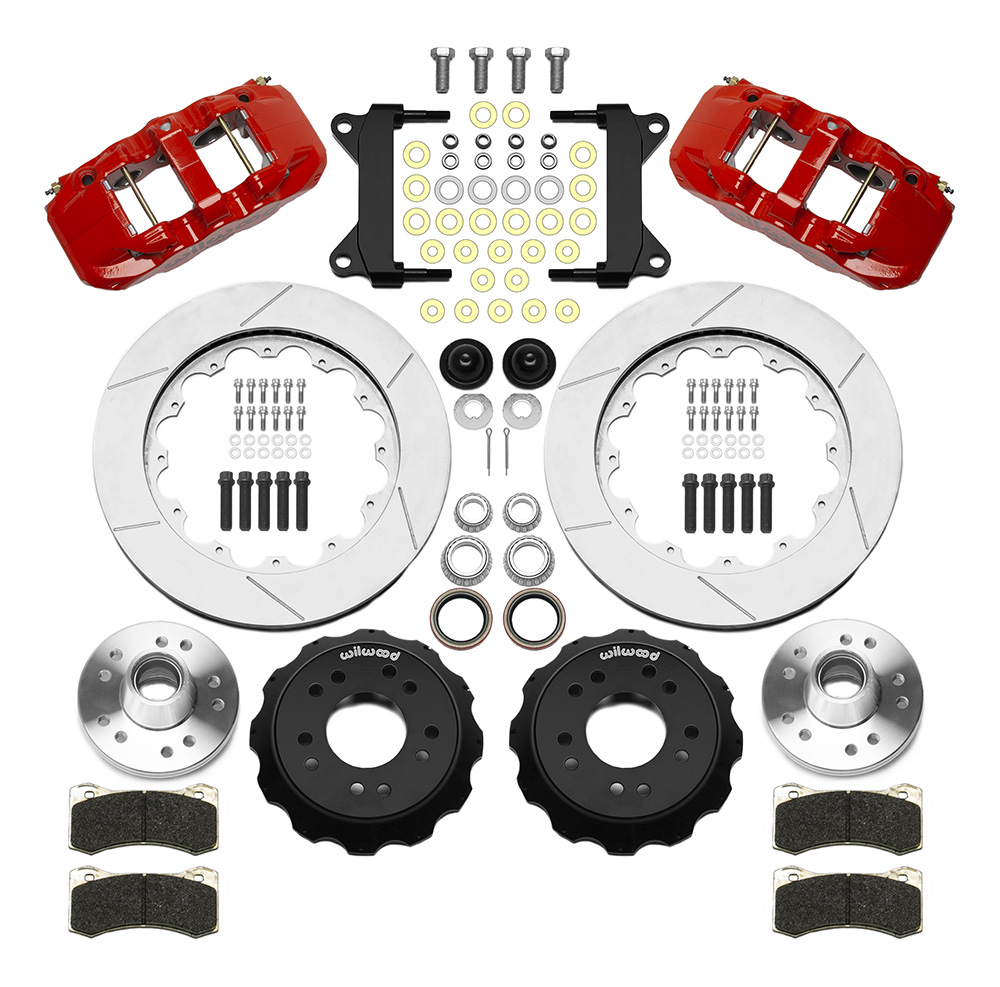 Wilwood AERO6 Big Brake Front Brake Kit Parts Laid Out - Red Powder Coat Caliper - GT Slotted Rotor