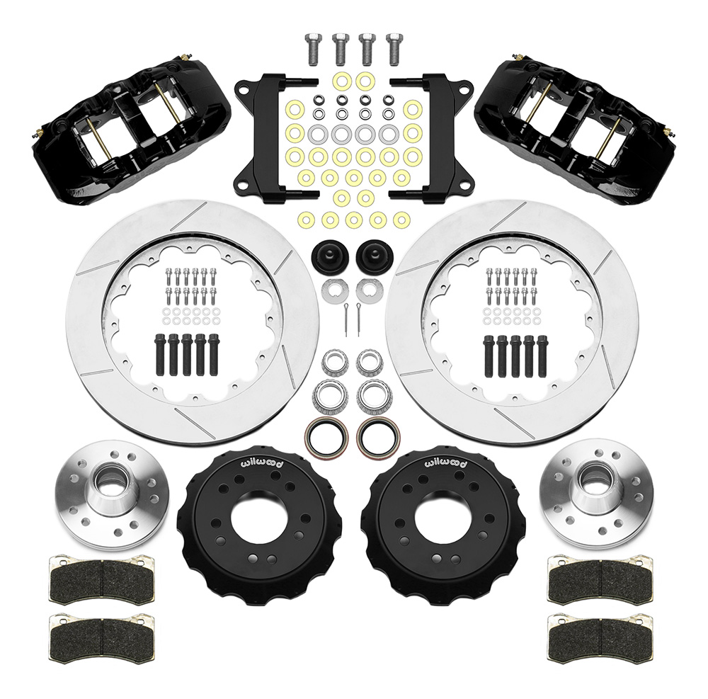 Wilwood AERO6 Big Brake Front Brake Kit Parts Laid Out - Black Powder Coat Caliper - GT Slotted Rotor