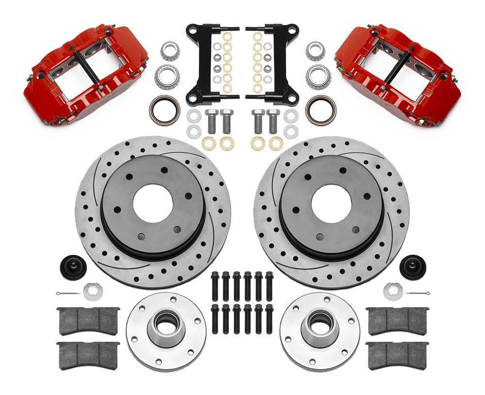 Wilwood Forged Narrow Superlite 6R Big Brake Front Brake Kit (6 x 5.50 Hub and Rotor) Parts Laid Out - Red Powder Coat Caliper - SRP Drilled & Slotted Rotor