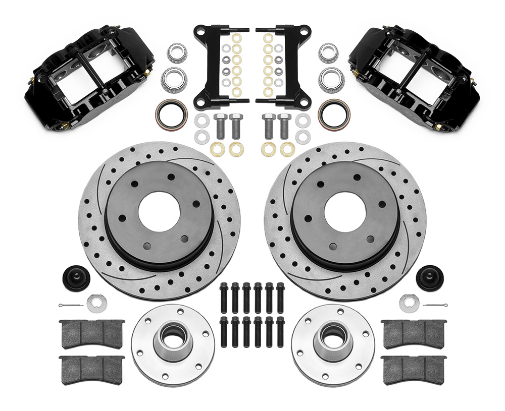 Wilwood Forged Narrow Superlite 6R Big Brake Front Brake Kit (6 x 5.50 Hub and Rotor) Parts Laid Out - Black Powder Coat Caliper - SRP Drilled & Slotted Rotor