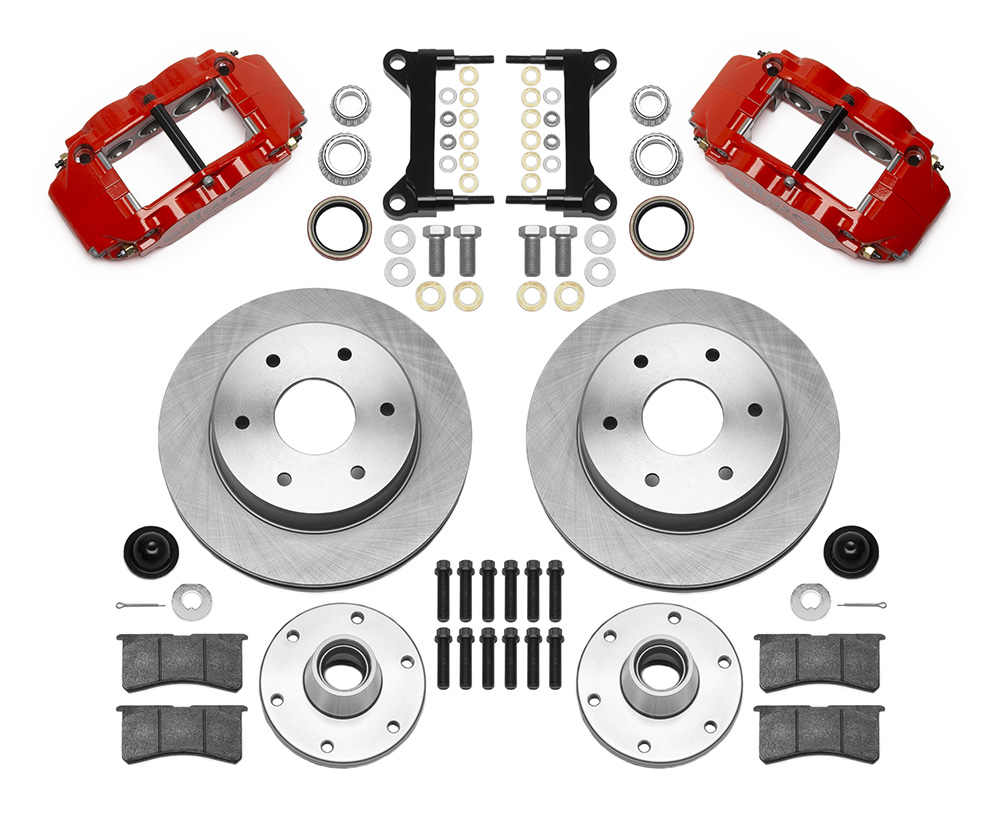 Wilwood Forged Narrow Superlite 6R Big Brake Front Brake Kit (6 x 5.50 Hub and Rotor) Parts Laid Out - Red Powder Coat Caliper - Plain Face Rotor