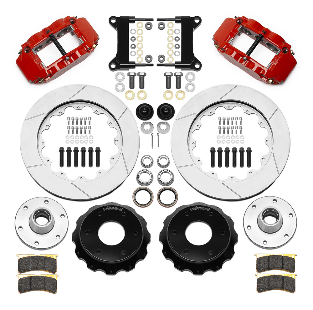 Wilwood Forged Narrow Superlite 6R Big Brake Front Brake Kit (6 x 5.50 Hub) Parts Laid Out - Red Powder Coat Caliper - GT Slotted Rotor