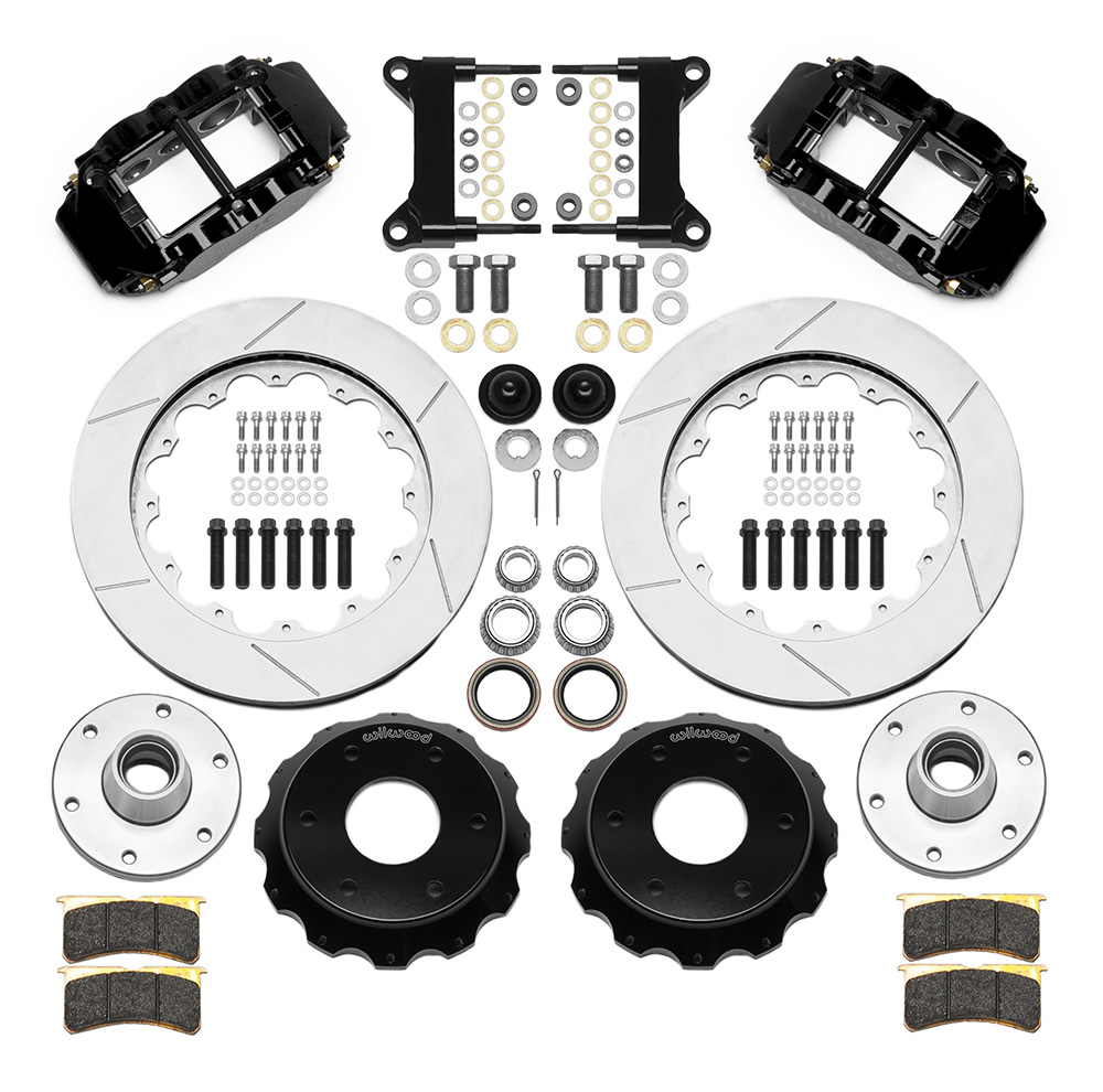 Wilwood Forged Narrow Superlite 6R Big Brake Front Brake Kit (6 x 5.50 Hub) Parts Laid Out - Black Powder Coat Caliper - GT Slotted Rotor