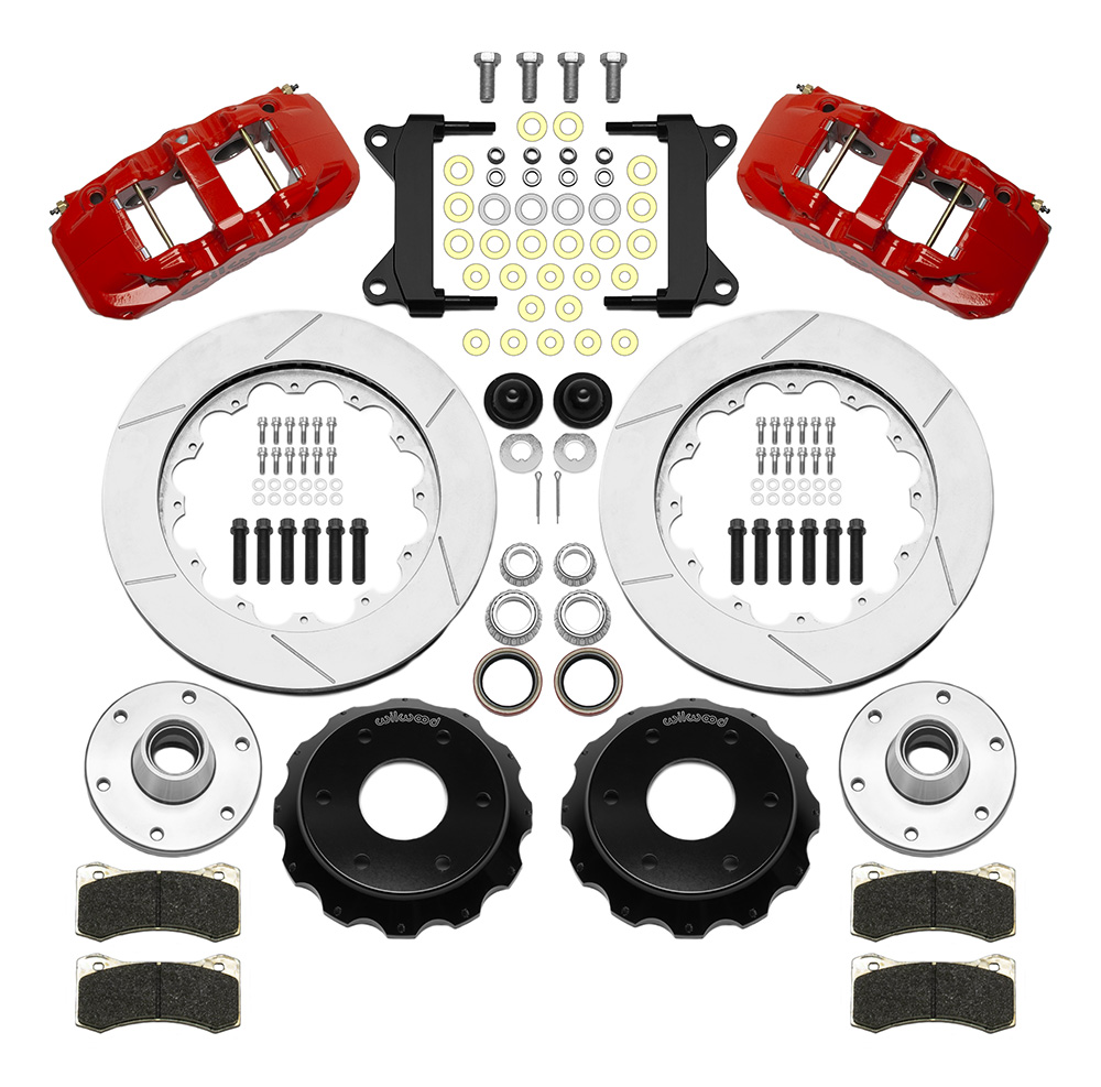 Wilwood AERO6 Big Brake Front Brake Kit (6 x 5.50 Hub) Parts Laid Out - Red Powder Coat Caliper - GT Slotted Rotor