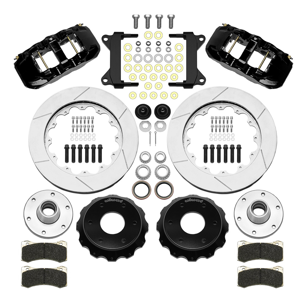 Wilwood AERO6 Big Brake Front Brake Kit (6 x 5.50 Hub) Parts Laid Out - Black Powder Coat Caliper - GT Slotted Rotor