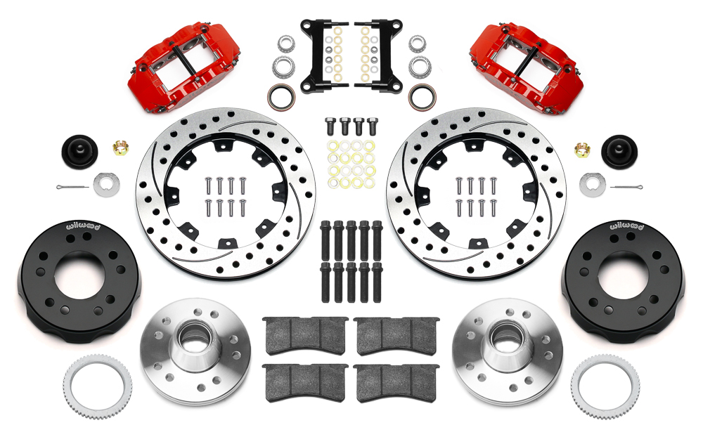 Wilwood Forged Narrow Superlite 6R Big Brake Front Brake Kit (Hub) Parts Laid Out - Red Powder Coat Caliper - SRP Drilled & Slotted Rotor