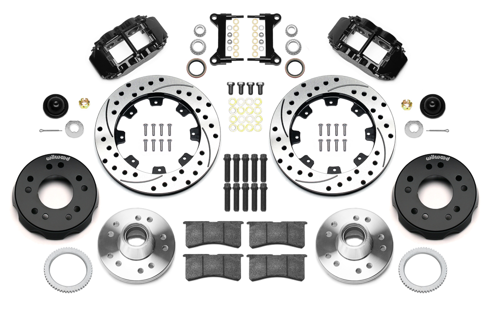 Wilwood Forged Narrow Superlite 6R Big Brake Front Brake Kit (Hub) Parts Laid Out - Black Powder Coat Caliper - SRP Drilled & Slotted Rotor