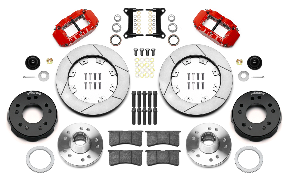 Wilwood Forged Narrow Superlite 6R Big Brake Front Brake Kit (Hub) Parts Laid Out - Red Powder Coat Caliper - GT Slotted Rotor