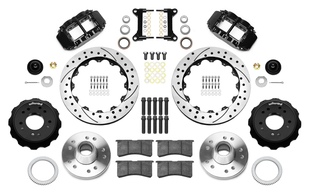 Wilwood Forged Narrow Superlite 6R Big Brake Front Brake Kit (Hub) Parts Laid Out - Black Powder Coat Caliper - SRP Drilled & Slotted Rotor