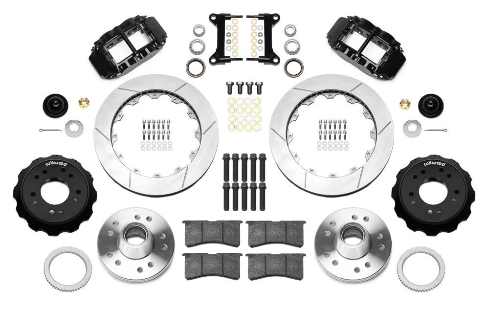 Wilwood Forged Narrow Superlite 6R Big Brake Front Brake Kit (Hub) Parts Laid Out - Black Powder Coat Caliper - GT Slotted Rotor