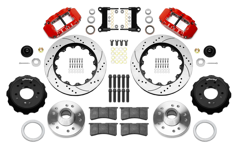 Wilwood Forged Narrow Superlite 6R Big Brake Front Brake Kit (Hub) Parts Laid Out - Red Powder Coat Caliper - SRP Drilled & Slotted Rotor