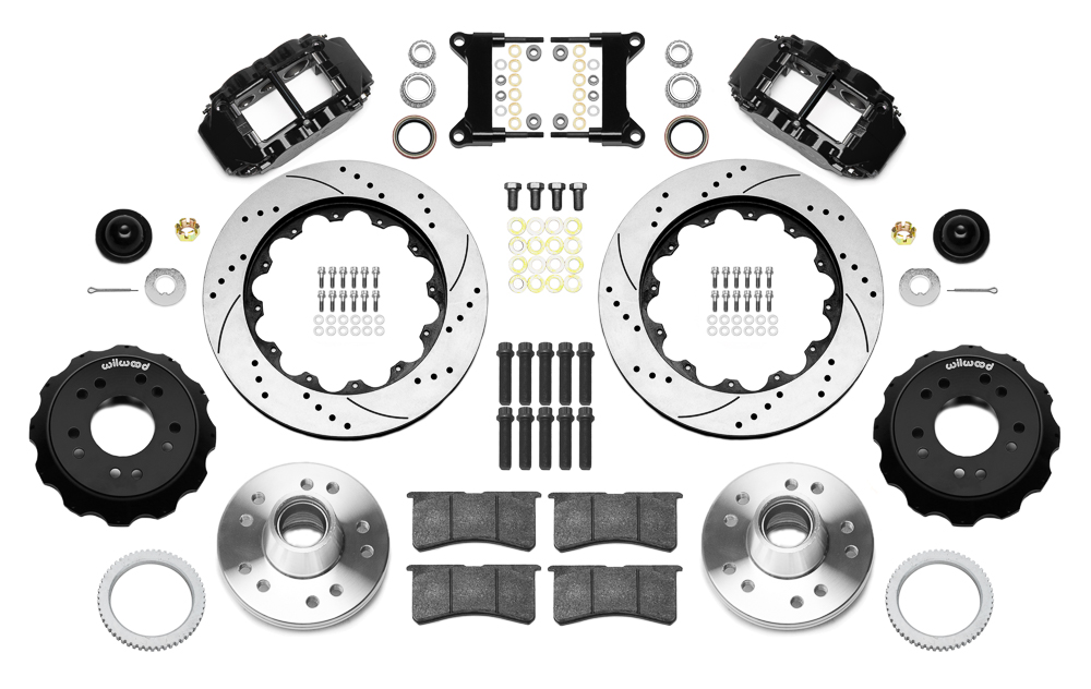 Wilwood Forged Narrow Superlite 6R Big Brake Front Brake Kit (Hub) Parts Laid Out - Black Powder Coat Caliper - SRP Drilled & Slotted Rotor