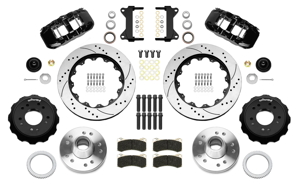 Wilwood AERO6 Big Brake Front Brake Kit Parts Laid Out - Black Powder Coat Caliper - SRP Drilled & Slotted Rotor