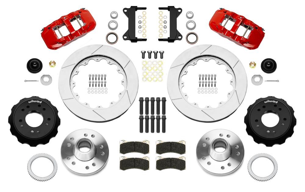 Wilwood AERO6 Big Brake Front Brake Kit Parts Laid Out - Red Powder Coat Caliper - GT Slotted Rotor