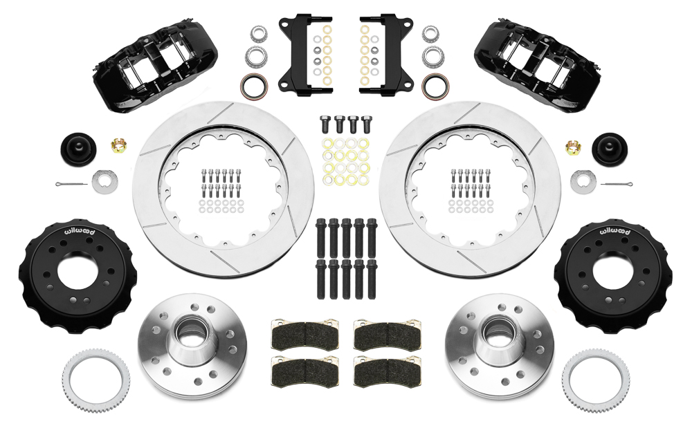 Wilwood AERO6 Big Brake Front Brake Kit Parts Laid Out - Black Powder Coat Caliper - GT Slotted Rotor