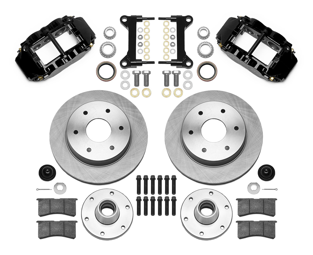 Wilwood Forged Narrow Superlite 6R Big Brake Front Brake Kit (6 x 5.50 Hub and Rotor) Parts Laid Out - Black Powder Coat Caliper - Plain Face Rotor