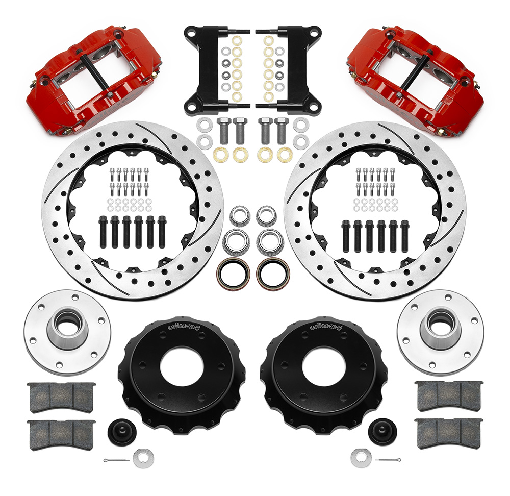 Wilwood Forged Narrow Superlite 6R Big Brake Front Brake Kit (6 x 5.50 Hub) Parts Laid Out - Red Powder Coat Caliper - SRP Drilled & Slotted Rotor