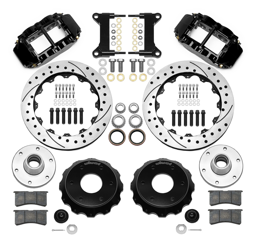 Wilwood Forged Narrow Superlite 6R Big Brake Front Brake Kit (6 x 5.50 Hub) Parts Laid Out - Black Powder Coat Caliper - SRP Drilled & Slotted Rotor