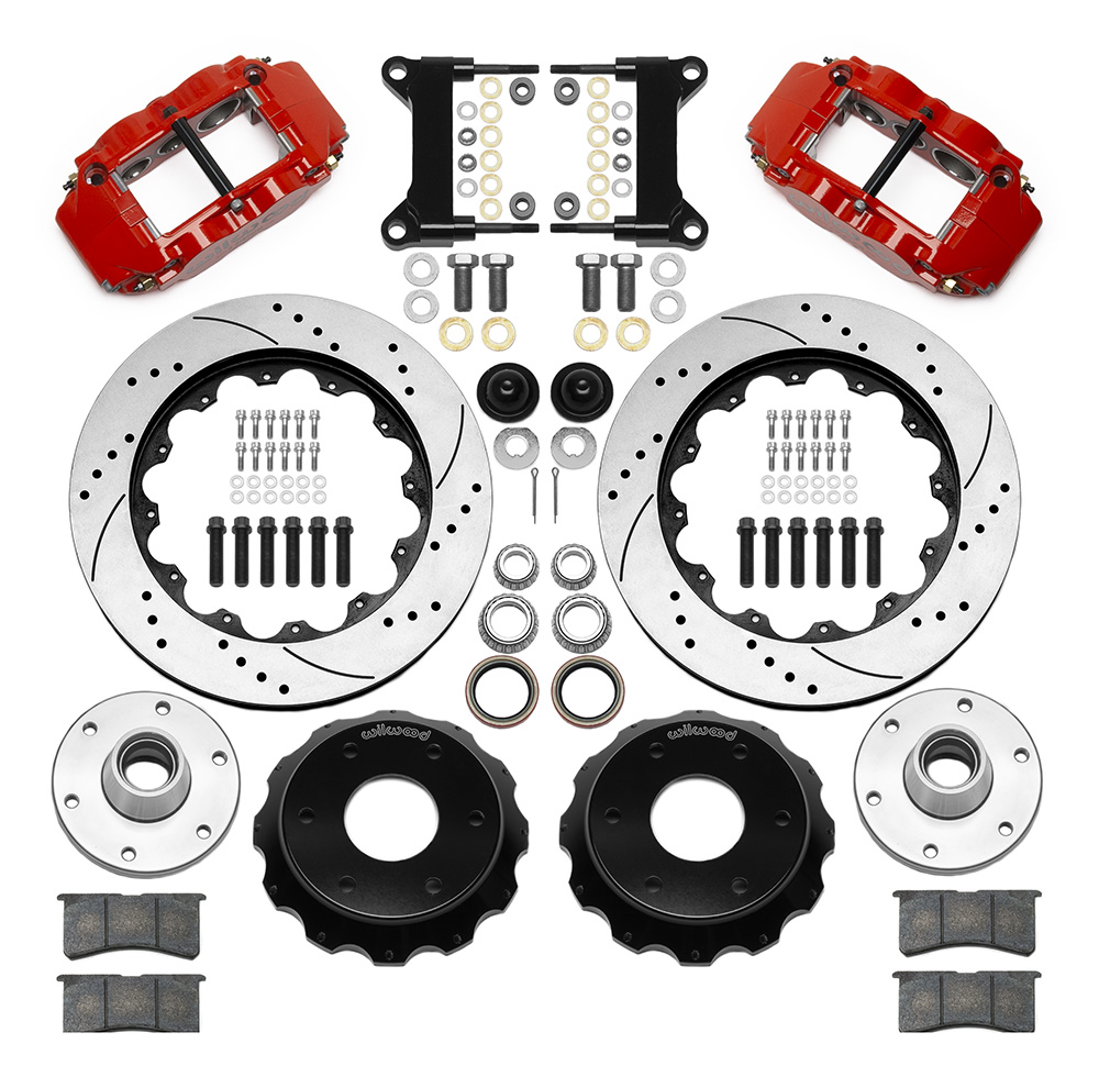 Wilwood Forged Narrow Superlite 6R Big Brake Front Brake Kit (6 x 5.50 Hub) Parts Laid Out - Red Powder Coat Caliper - SRP Drilled & Slotted Rotor