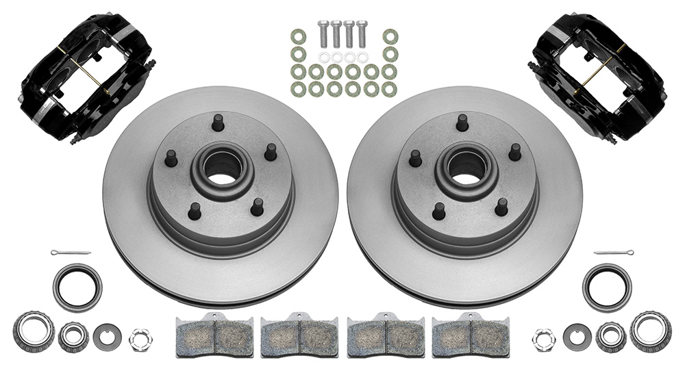 Wilwood Classic Series Dynalite Front Brake Kit Parts Laid Out - Black Powder Coat Caliper - Plain Face Rotor