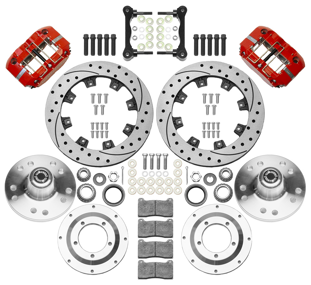 Wilwood Dynapro Radial Big Brake Front Brake Kit (Hub) Parts Laid Out - Red Powder Coat Caliper - SRP Drilled & Slotted Rotor