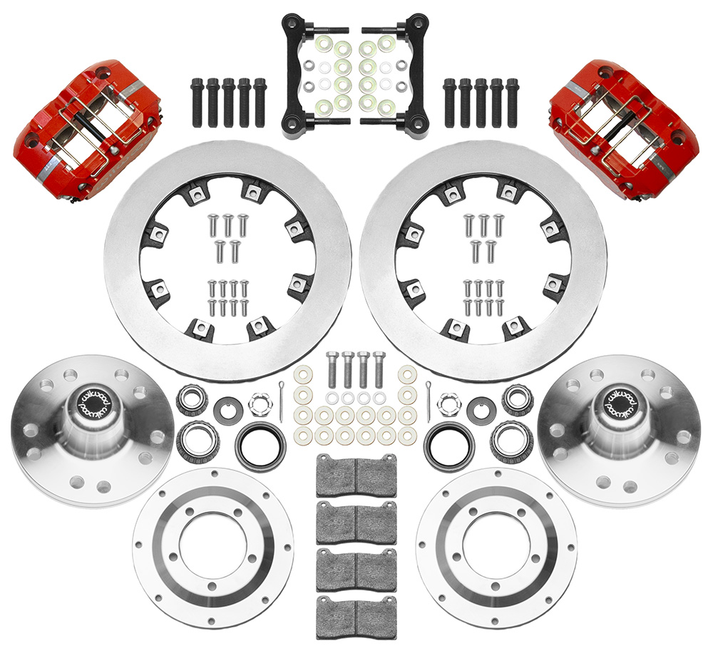 Wilwood Dynapro Radial Big Brake Front Brake Kit (Hub) Parts Laid Out - Red Powder Coat Caliper - Plain Face Rotor