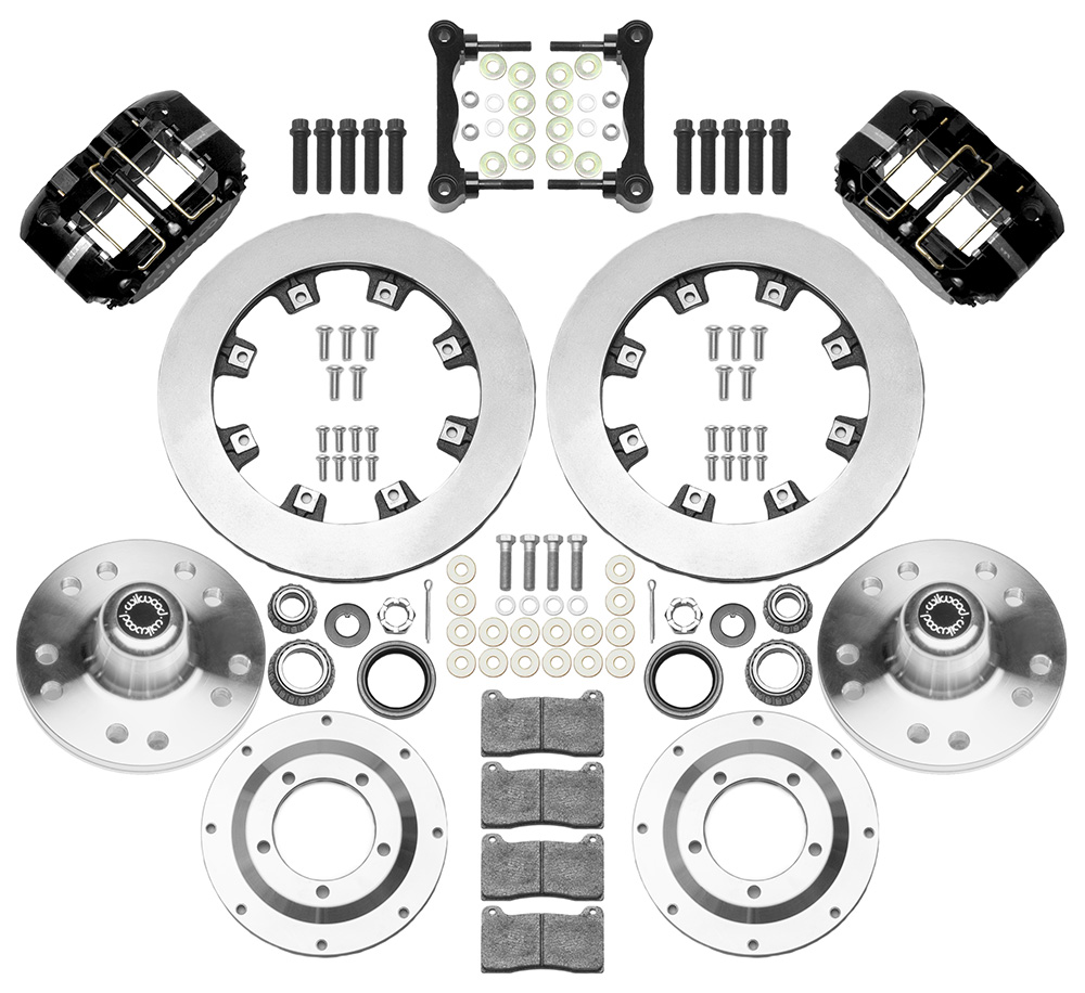 Wilwood Dynapro Radial Big Brake Front Brake Kit (Hub) Parts Laid Out - Black Powder Coat Caliper - Plain Face Rotor