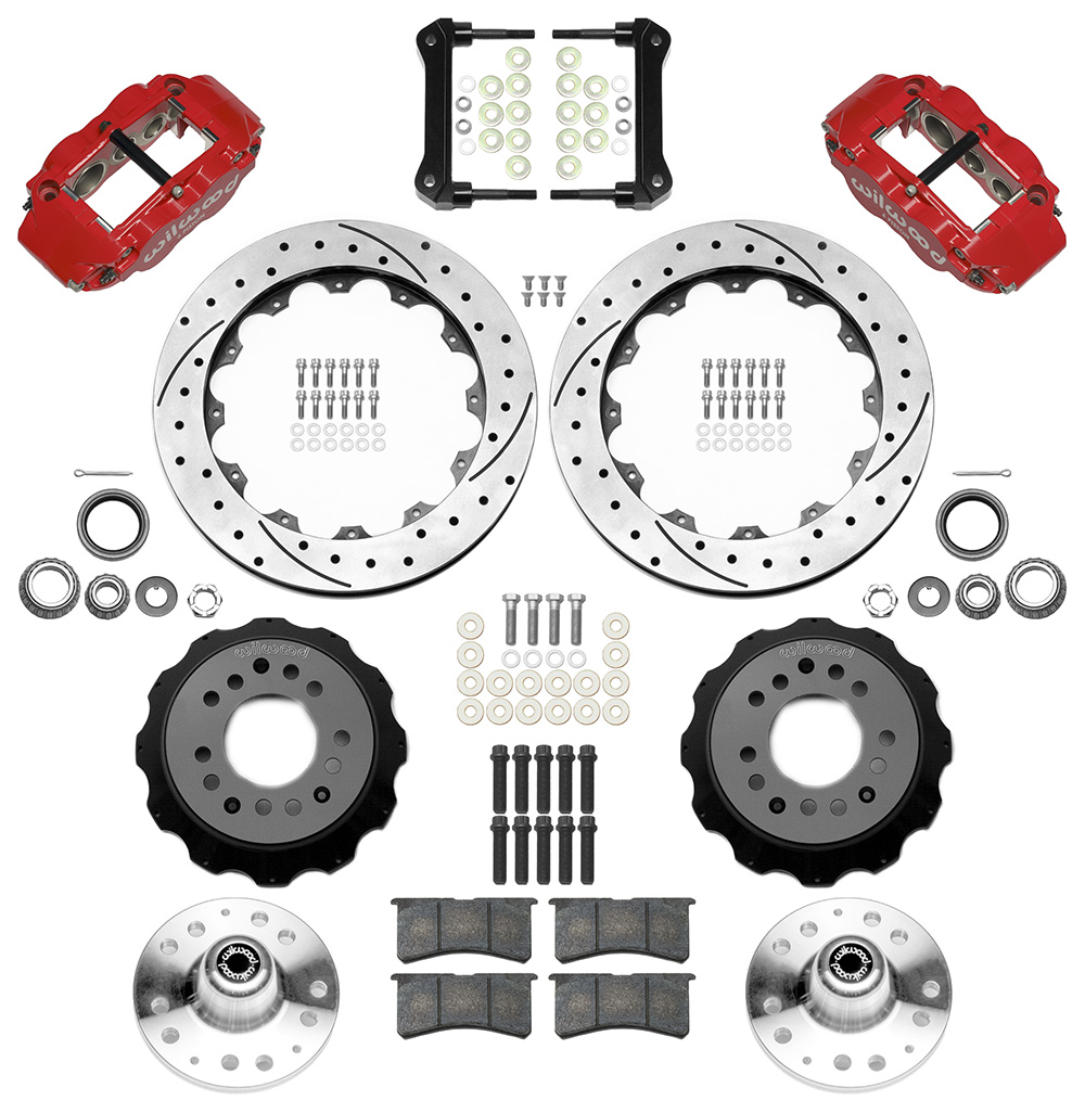 Wilwood Forged Narrow Superlite 6R Big Brake Front Brake Kit (Hub) Parts Laid Out - Red Powder Coat Caliper - SRP Drilled & Slotted Rotor