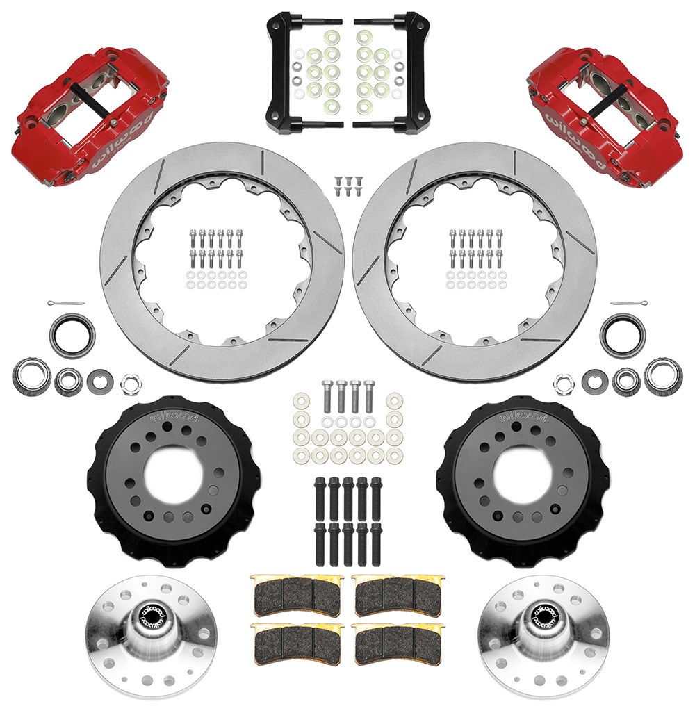 Wilwood Forged Narrow Superlite 6R Big Brake Front Brake Kit (Hub) Parts Laid Out - Red Powder Coat Caliper - GT Slotted Rotor