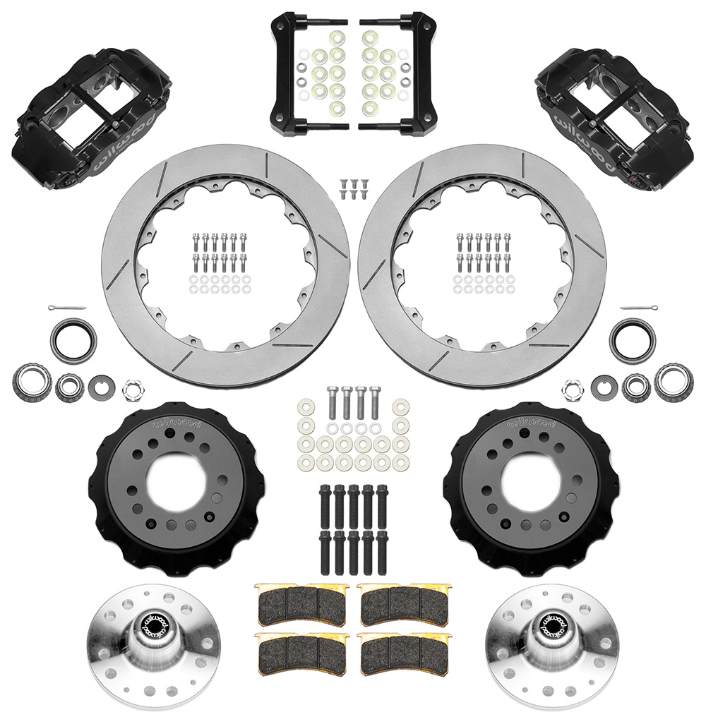 Wilwood Forged Narrow Superlite 6R Big Brake Front Brake Kit (Hub) Parts Laid Out - Black Powder Coat Caliper - GT Slotted Rotor