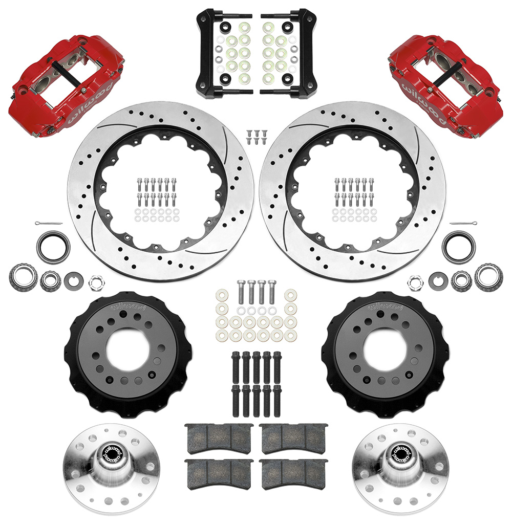 Wilwood Forged Narrow Superlite 6R Big Brake Front Brake Kit (Hub) Parts Laid Out - Red Powder Coat Caliper - SRP Drilled & Slotted Rotor