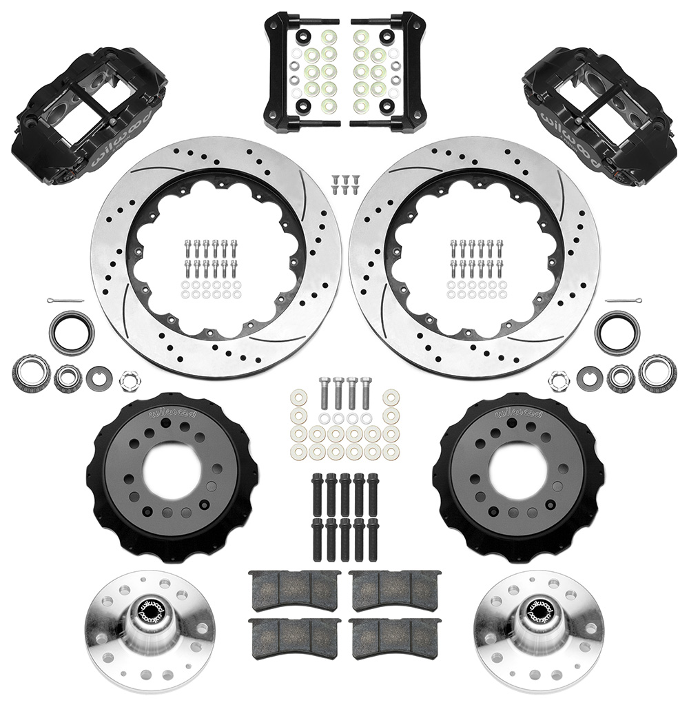 Wilwood Forged Narrow Superlite 6R Big Brake Front Brake Kit (Hub) Parts Laid Out - Black Powder Coat Caliper - SRP Drilled & Slotted Rotor