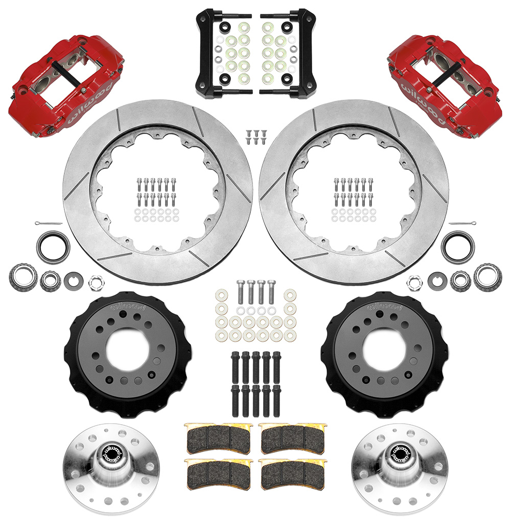 Wilwood Forged Narrow Superlite 6R Big Brake Front Brake Kit (Hub) Parts Laid Out - Red Powder Coat Caliper - GT Slotted Rotor