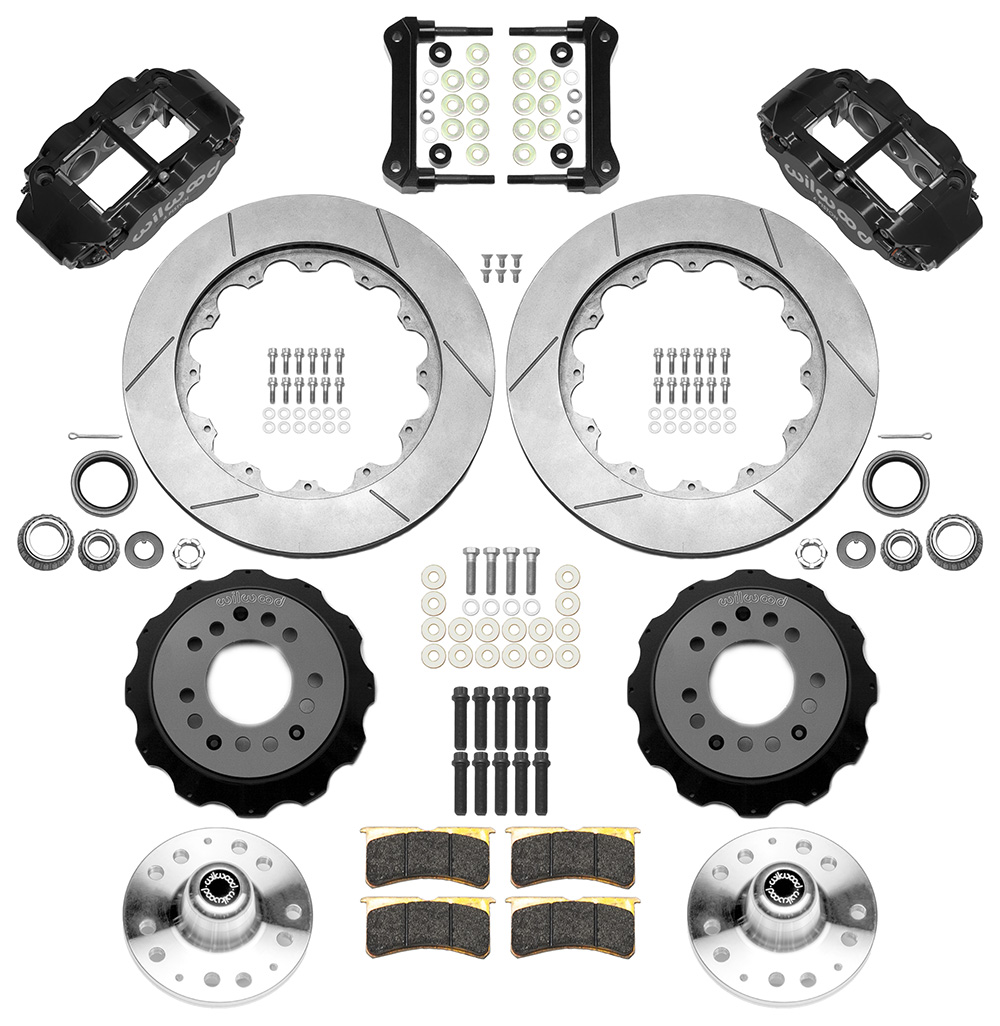 Wilwood Forged Narrow Superlite 6R Big Brake Front Brake Kit (Hub) Parts Laid Out - Black Powder Coat Caliper - GT Slotted Rotor