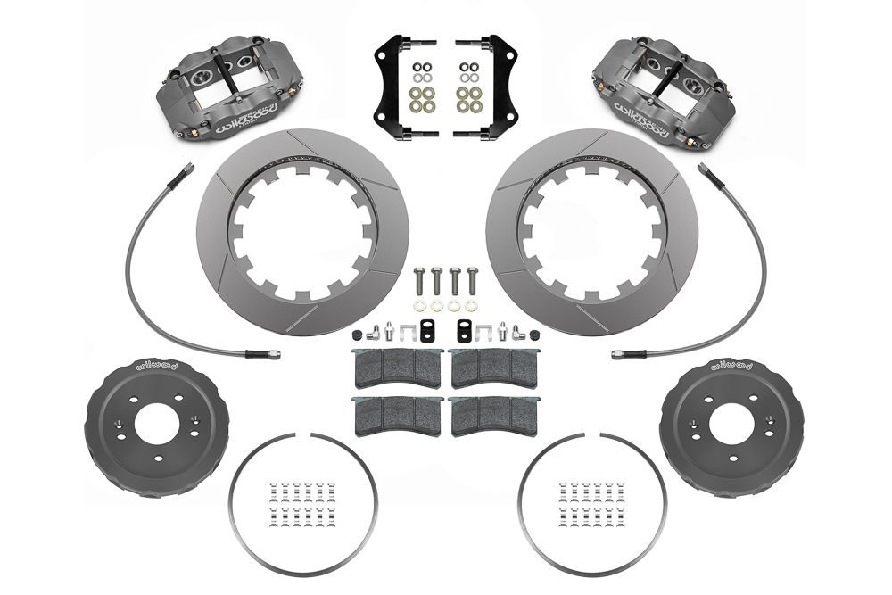 Wilwood Forged Narrow Superlite 6R Big Brake Lug Drive Front Brake Kit (Race) Parts Laid Out - Type III Anodize Caliper - GT Slotted Rotor