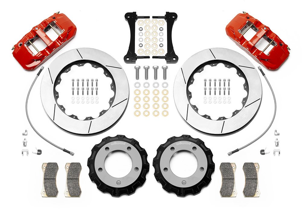 Wilwood AERO6 Big Brake Truck Front Brake Kit Parts Laid Out - Red Powder Coat Caliper - GT Slotted Rotor